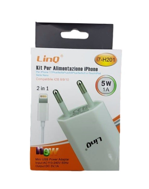 Caricabatterie 2in1 Alimentatore Con Cavo Usb Per Iphone 7 6 5w 1A Linq i7-h201
