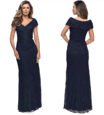 LA FEMME Portrait Neck Lace Gown in Navy Blue size 16 Rhinestone Throughout