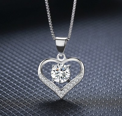 925 Sterling Silver Love Heart Cubic Zirconia CZ Pendant Necklace 18'' Gift Box