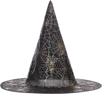 Women's Halloween Vintage Witch Hat, See-through Lace Veils Printed Black silver