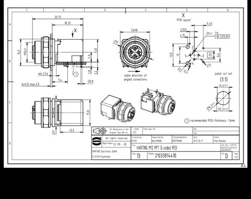 HARTING-4 Pole Right Angle M12 Din Socket /PART #-21033814410/-New