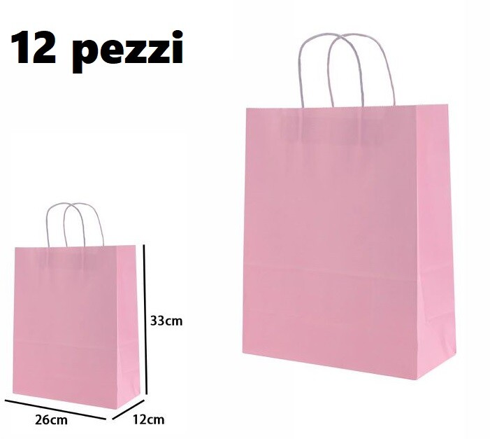 Set 12 Pezzi Buste Borsa Da Regalo Sacchetti Carta Rosa 33x26x12cm dfh