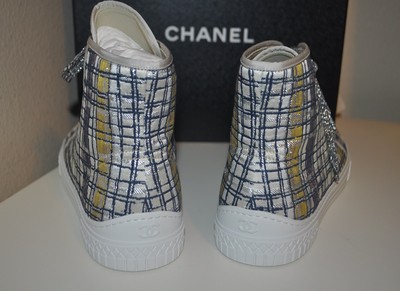 Pre-owned Chanel 17c Globe Trotter High Top Sneakers Shoe Tweed Fabric Eur 36 Us 5.5 In Multicolor
