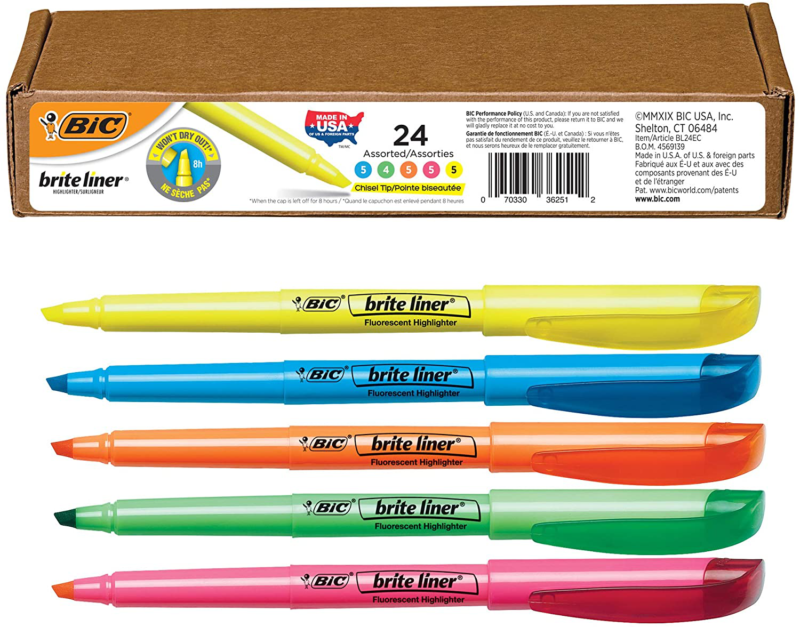 BIC Brite Liner Highlighter, Chisel Tip, Assorted Colors, 24