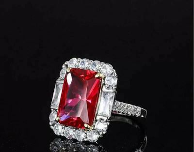 925 Silver Gold Finish 3 Ct Emerald Cut Simulated Red Ruby Womens Wedding Ring