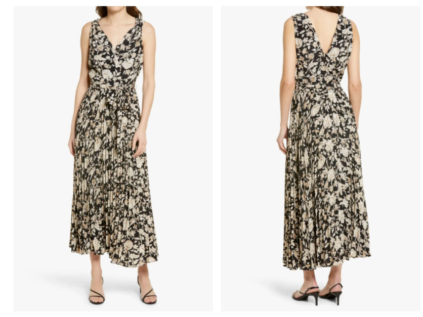 

CHELSEA28 Черно-коричневое плиссированное платье макси без рукавов с v-образным вырезом и цветочным принтом, поясом,  = 4/6, Multicolor