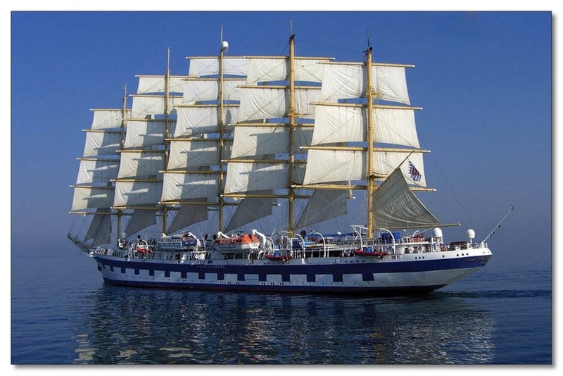 The biggest sailing ship crosses the ocean. Seafaring cruis Russian