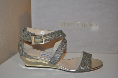 Pre-owned Jimmy Choo $675+  Chiara Strap Light Bronze Glitter Wedge Sandal Shoe Eur 36