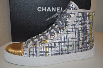 Pre-owned Chanel 17c Globe Trotter High Top Sneakers Shoe Tweed Fabric Eur 36 Us 5.5 In Multicolor