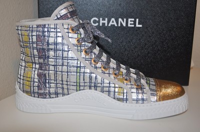 Pre-owned Chanel 17c Globe Trotter High Top Sneakers Shoe Tweed Fabric Eur 36 Us 5.5 In Multicolor
