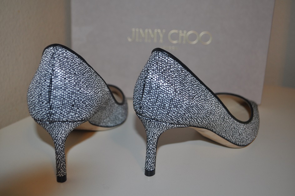 Pre-owned Jimmy Choo Romy Pointy Toe Pump Heel Shoes Chalk Graphic Woven Raffia 36.5 - 6 In White