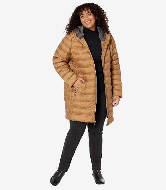 Pre-owned Michael Kors Womens Packable Down Coat Jacket With Hood Dark Camel Nylon Size 1x