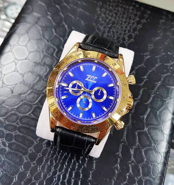 Orologio Polso Zcc Uomo Automatico Cinturino Pelle Elegante Oro Blu lac
