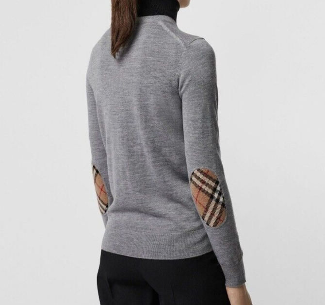 Pre-owned Burberry $830  Bempton Gray Merino Wool Elbow Check Patches Pullover Sweater L