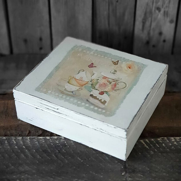 Vintage Schatulle / Teebox m. 9 Fächer Landhaus Shabby Deko Holz Box Handarbeit