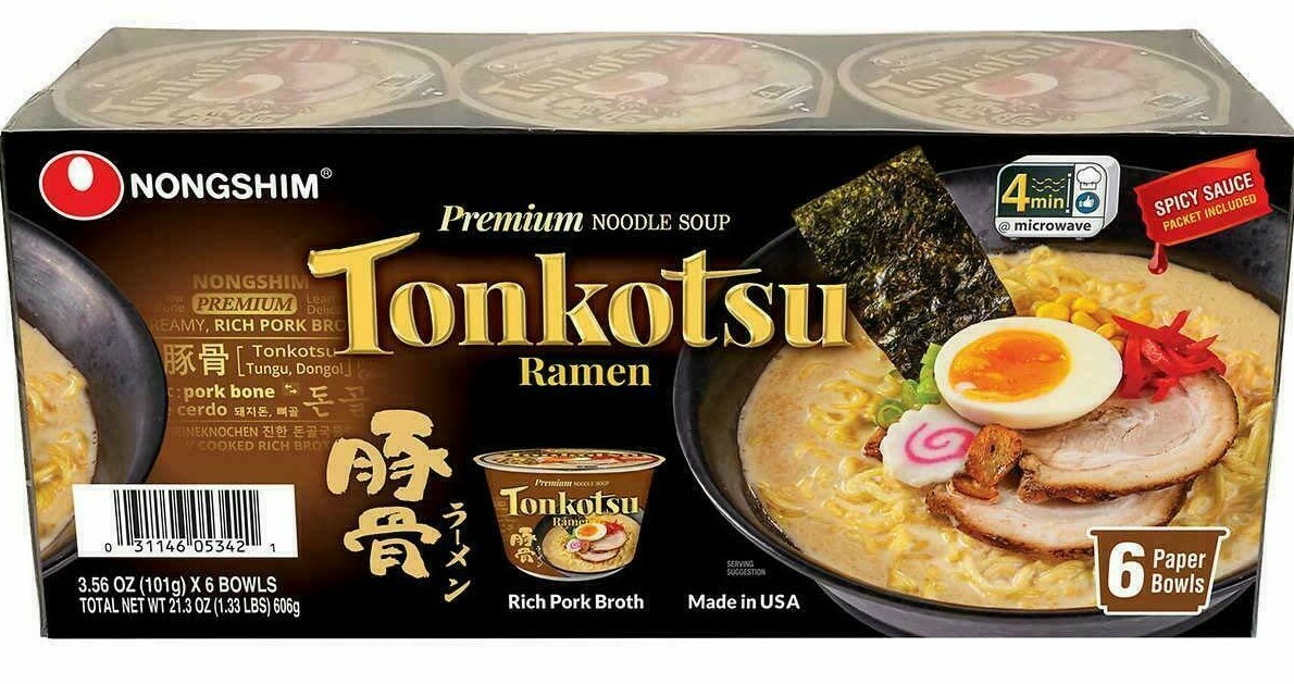 2 Packs Nongshim Tonkotsu Ramen Bowl, 3.56 oz, 6-count Each Pack, Total 12 Bowls