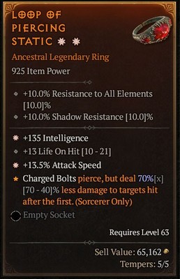 Diablo 4 Season 4  925  +2 GA Ring Attack Speed/INT Sorc/Necro Fire Bolt D4 S4