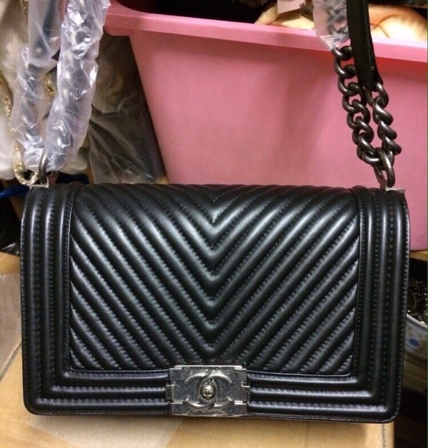 Chanel le boy chevron bag 25cm black silver not Hermes Gucci Prada Lv