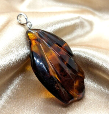 Rare Handmade Baltic Amber Pendant Amulet Leaf Dark Cognac Color