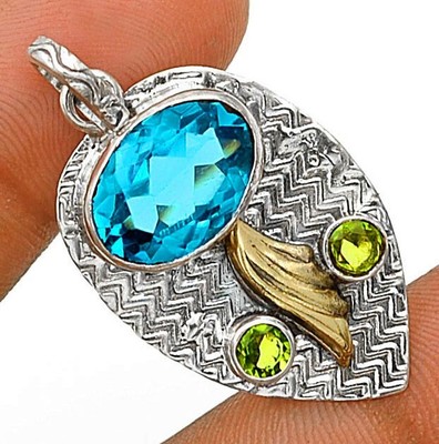 Natural Two Tone 6CT Flawless Blue Topaz 925 Solid Sterling Silver Pendant @B4-9
