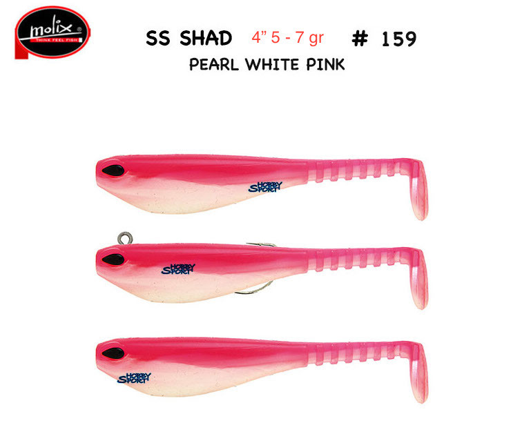 MOLIX SS SHAD 4" COL. 159 PEARL WHITE PINK  TESTINA  5-7 GR SPINNING  BLACK BASS