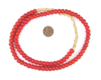 Red White Heart Beads 7mm Ghana African Cylinder Glass 25 Inch Strand Handmade