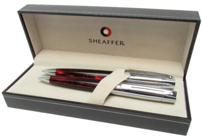SHEAFFER 300 Collection Red Marble & Chrome Ballpoint Pen & Pencil Set -Blue Ink