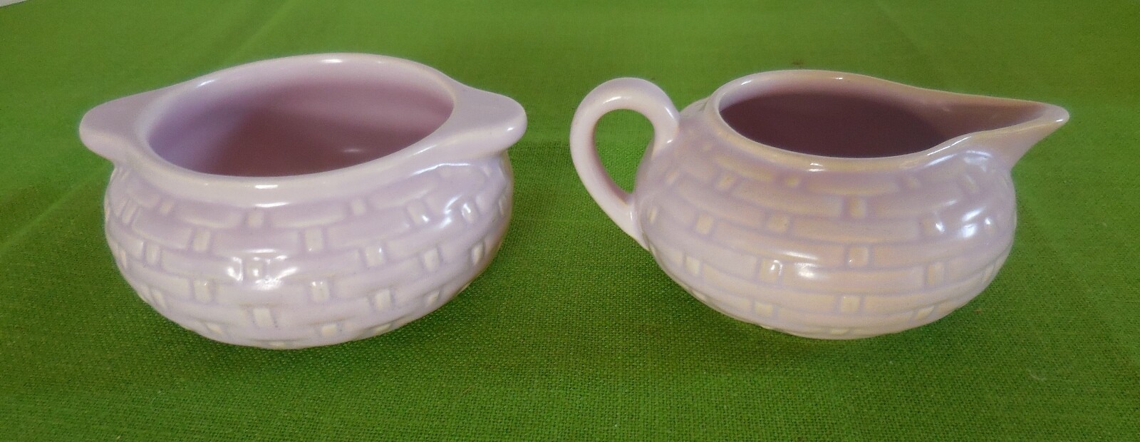 Vintage Weller Pottery Pink Lavender Pierre Set Creamer Sugar Basket Weave