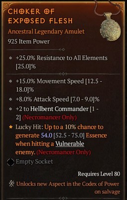 Diablo 4 Season 4  925 +2 Hellbent Commander/Attack Speed Amulet Necro Minion D4