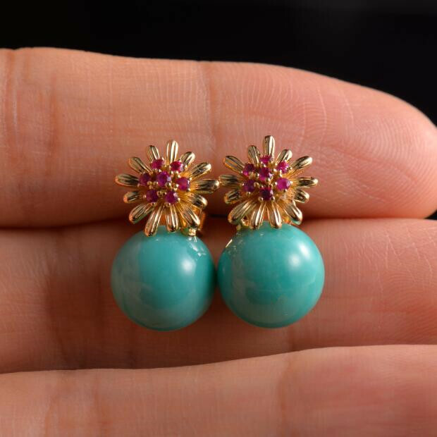 Pre-owned Ruby Natural Red  Blue Turquoise Diamond Dangle Earrings Solid 14k Yellow Gold