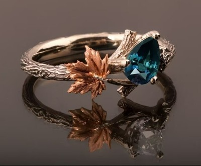 engagement ring, sapphire, teal sapphire, twig and leaf, ring, wedding ring