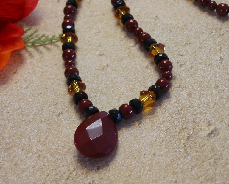 Handmade Bordeaux Glass Pearl and Topaz Bicone Necklace and Earrings