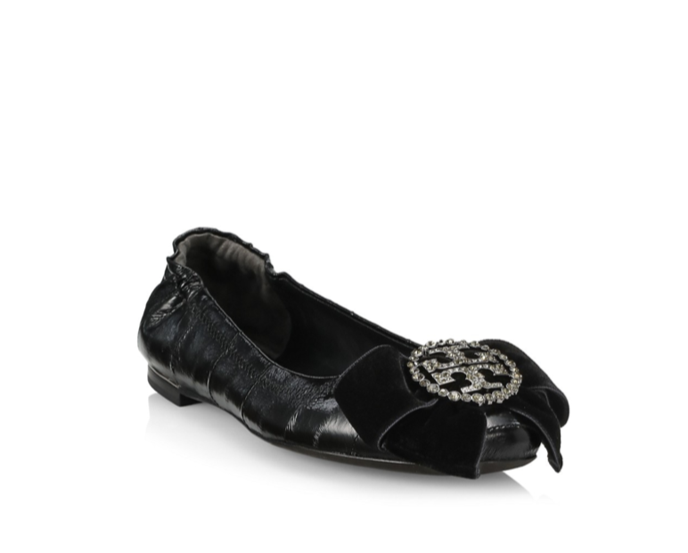 TORY BURCH $358 TORY BURCH CRYSTAL EMBELLISHED LOGO BLACK LEATHER BALLET FLATS 9M