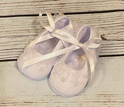 Will'beth White Tie Baby Crib Shoes with Flower Embroidery  Size 0 1 2 3