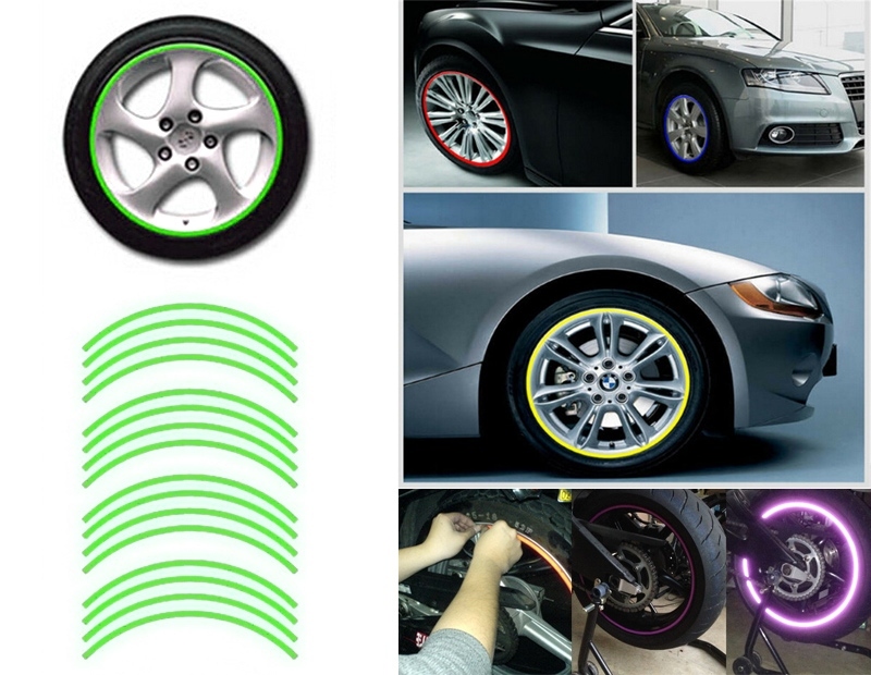 SET ADESIVI RIFLETTENTI PER PNEUMATICI RUOTE AUTO BICI SCOOTER SICUREZZA VERDE