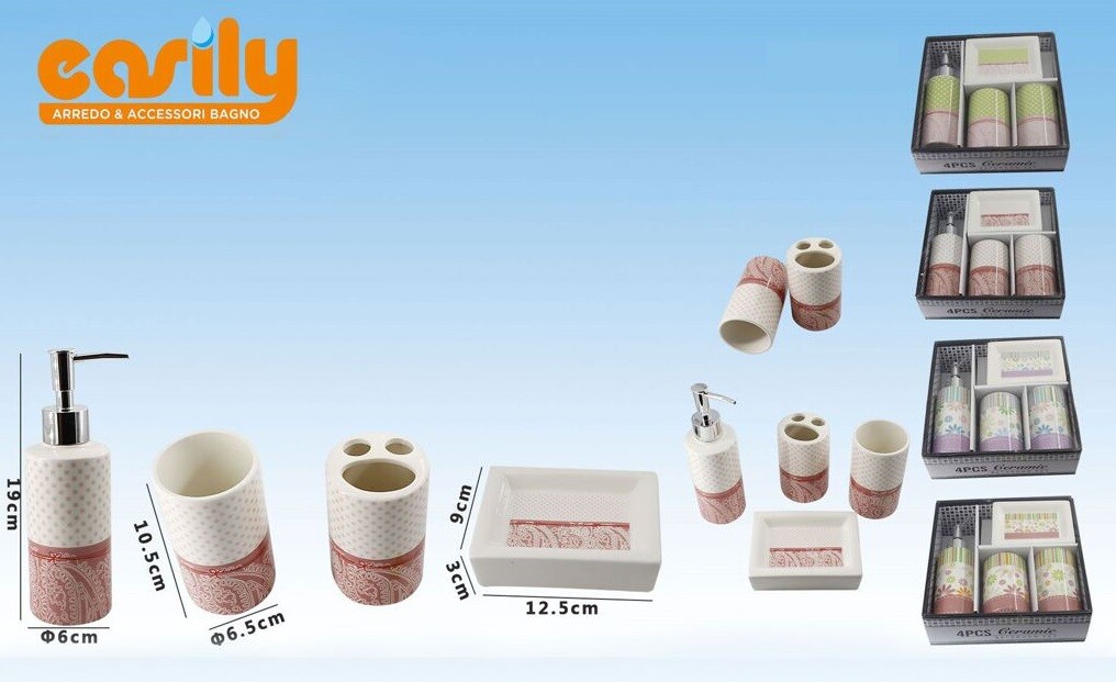 Set 4 Accessori Bagno Ceramica PortaSapone Porta Spazzolino Dispenser 52099 dfh