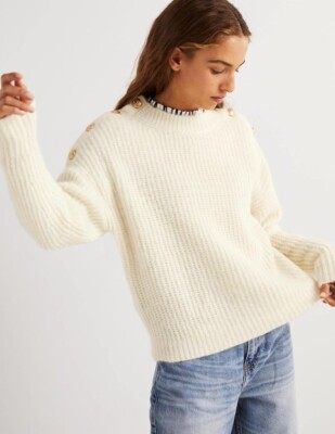 Boden Women's NEW Fluffy Ribbed Button Sweater Wool-Mohair Blend Size M Ivory