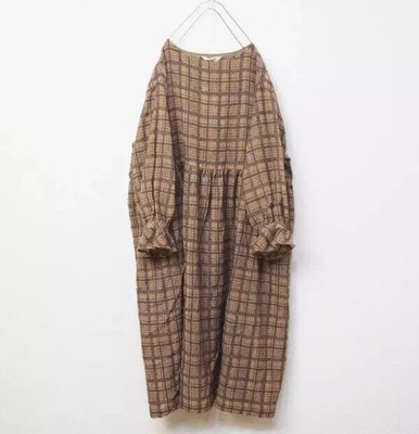 ICHI Antiquites Wool Check Crew-neck Long Dress Brown NEW