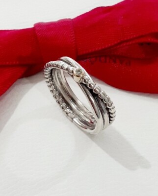 New Genuine Pandora Silver & 14k Gold Diamond Rising Star Ring 190243 Size 52