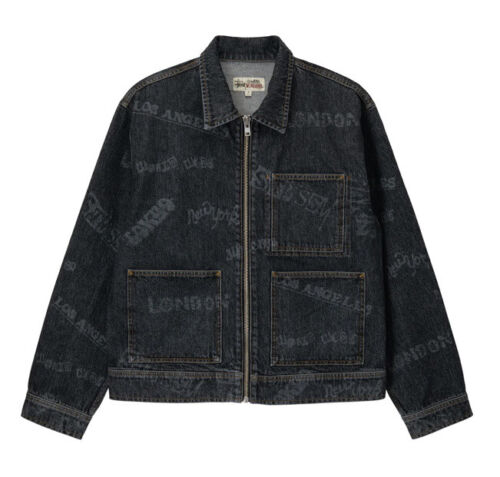 Stussy Worldwide Zip Work Jacket Denim Black Men's Sz Stussy Worldwide Zip Work Jacket Denim Black Men's Sz