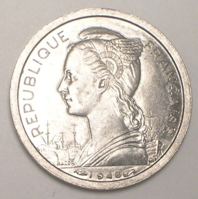 1948 Reunion One 1 Franc Liberty Grain Coin XF