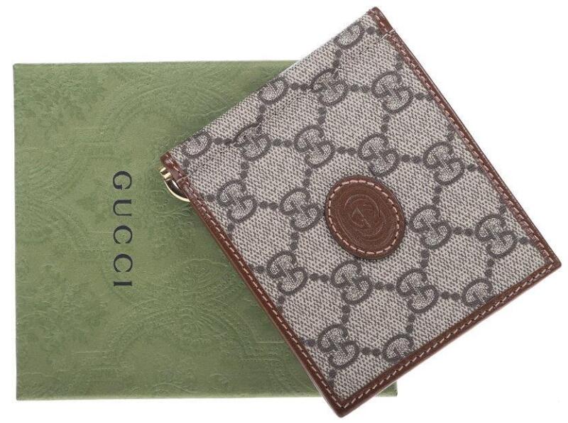 New Gucci Gg Supreme Brown Leather Interlocking G Money Clip Card Wallet W/box