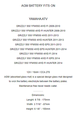 AGM Battery for Yamaha Grizzly 550 YFM550 4WD Fi 2009-2014