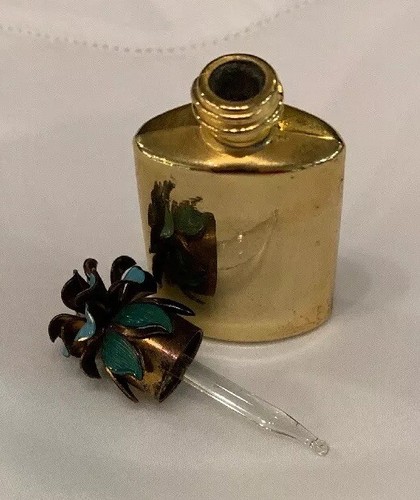 Antique Miniature 10 K Gold Perfume Bottle Enamel Flower Stopper