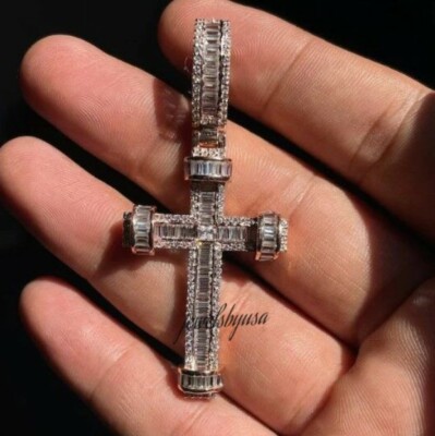 Pre-owned Nsg Balck Friday Men's 0.82ct Vvs Baguette Moissanite Cross Charm Pendant 925 Silver In White