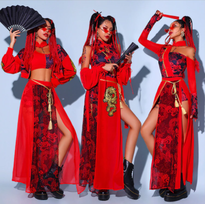 Hip Hop Costume Set Street Wear Dance Festival Chinese Jazz Dance Red  Outfits