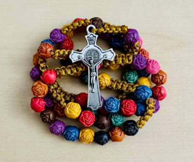 St Benedict Hand Braided Flower Rosary, Beautiful Flower Beads Rosary Necklace