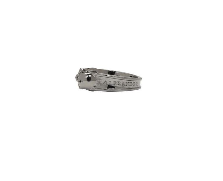 Pre-owned Alexander Mcqueen Men Gunmetal Thin Twin Skull Band Ring