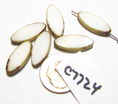 Czech Glass Table Cut Oval Bead IVORY w/ PICASSO 18x7mm Lot of 6 C7724