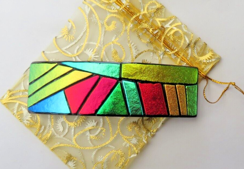 Fused Multicolor Abstract Dichroic Glass Genuine French Hair Barrette/New
